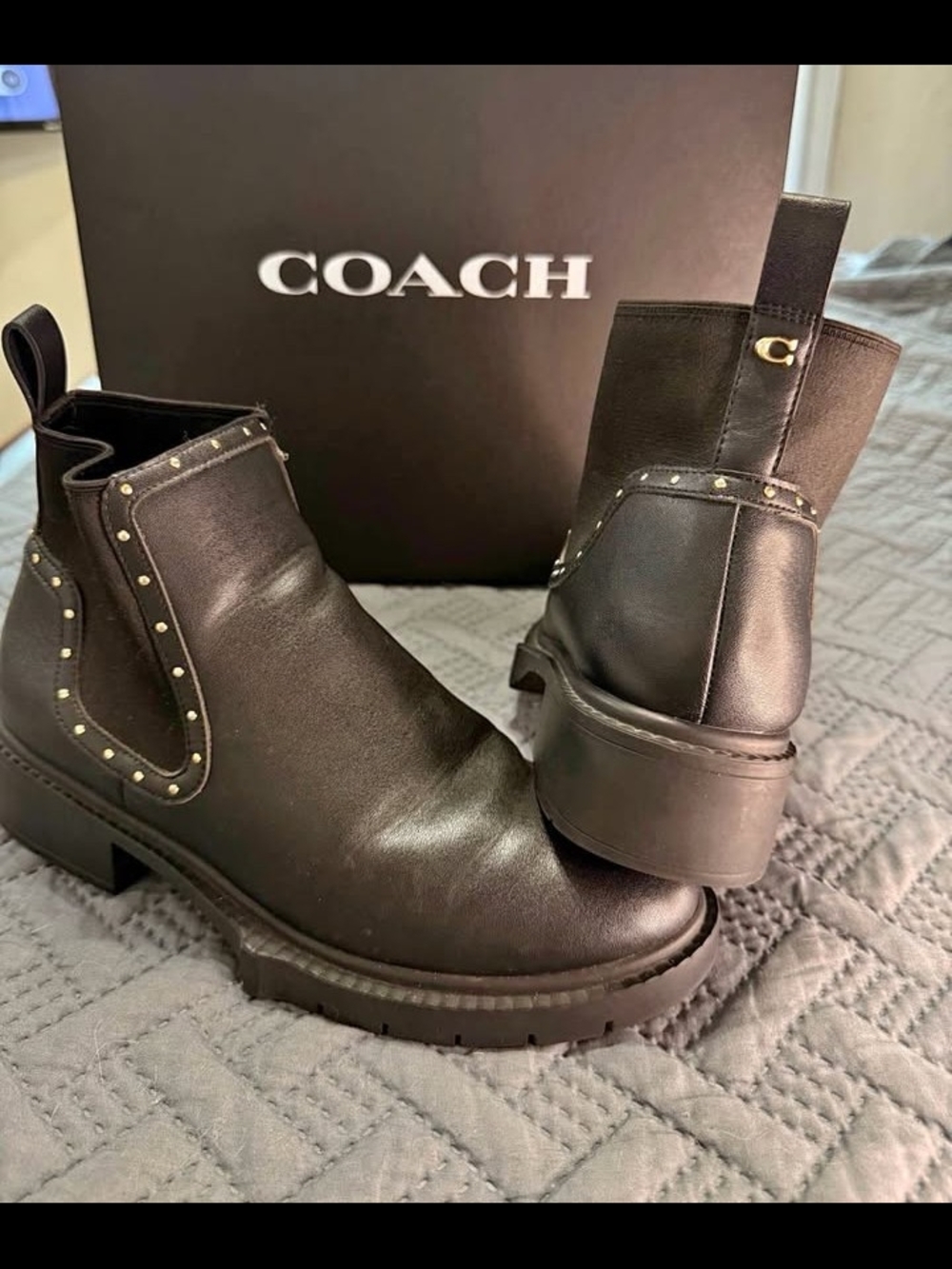 COACH Black Studded Leather Chelsea Boots